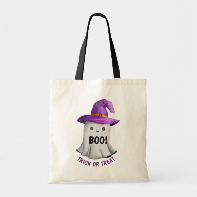Cute ghost with purple witch hat boo Halloween Tote Bag (Front)