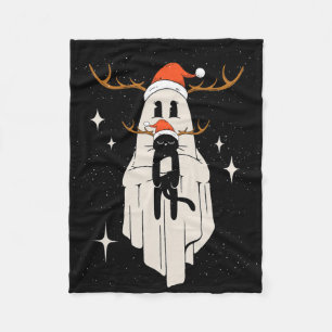 Cute Ghost With Santa Hat Holding Black Cat - Kids Fleece Blanket