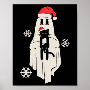 Cute Ghost With Santa Hat Holding Black Cat - Kids Poster