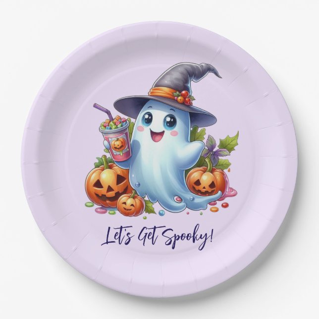 Cute Ghost with spooky drinks, Halloween Paper Plate (Front)