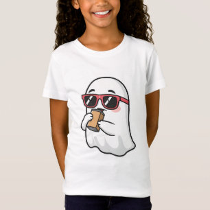 Cute Ghost with Sunglasses Drinking Iced Coffee Ki T-Shirt