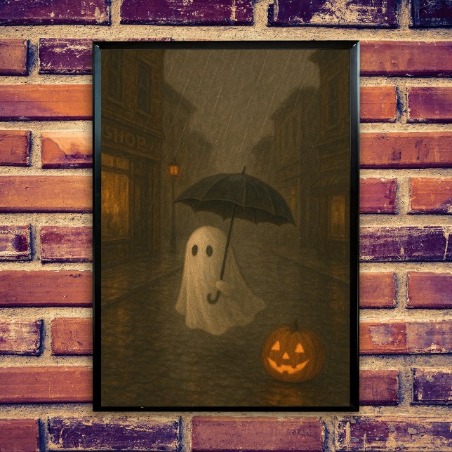 Cute Ghost with Umbrella | Halloween Dark Academia Poster (Cute ghost in the rain, spooky halloween scene, umbrella, dark academis design, jack o lantern.)