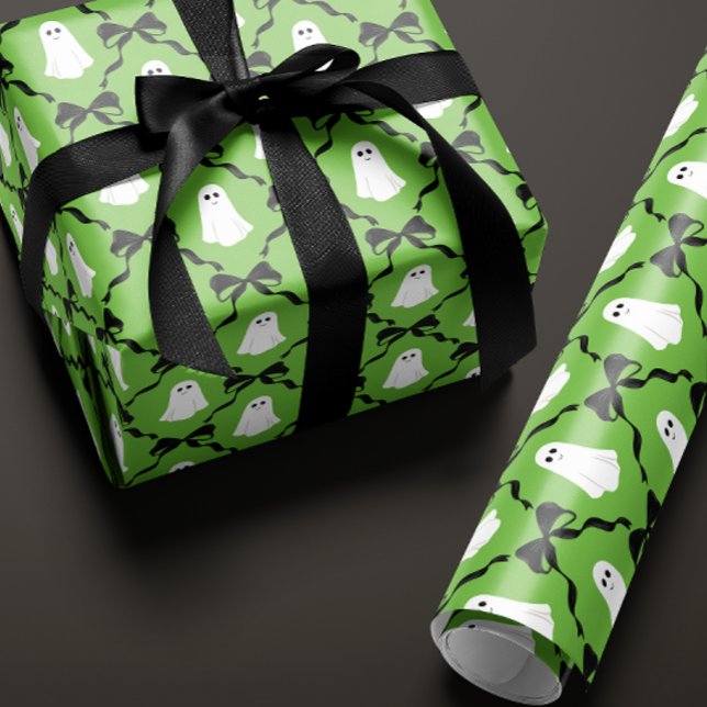 Cute Ghosts and Black Bows on Green Halloween Wrapping Paper (green Halloween gift wrapping paper with a cute smiling ghost and black bow diamonds)