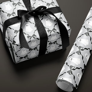 Cute Ghosts and Black Bows on Grey Halloween Wrapping Paper