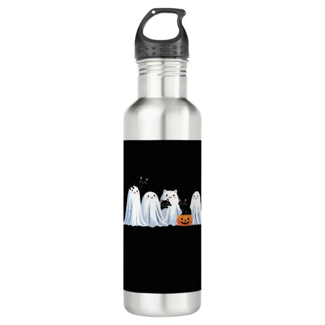 Cute Ghosts and Black Cats Halloween – Spooky Seas 710 Ml Water Bottle (Front)