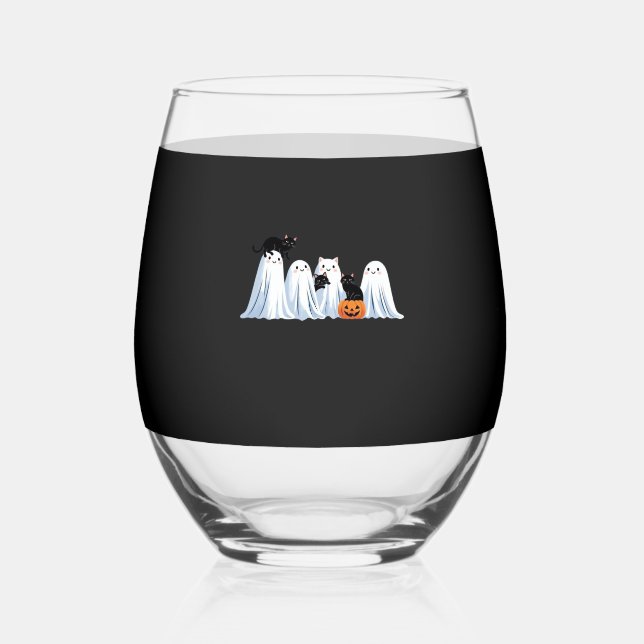 Cute Ghosts and Black Cats Halloween � Spooky Seas Stemless Wine Glass (Front)