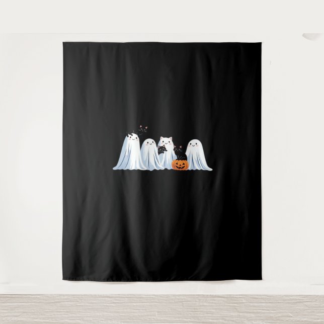 Cute Ghosts and Black Cats Halloween – Spooky Seas Tapestry (Front)