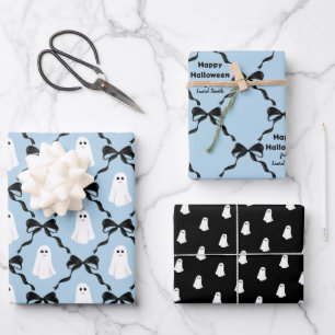 Cute Ghosts and Coquette Bows Halloween Blue Wrapping Paper Sheet