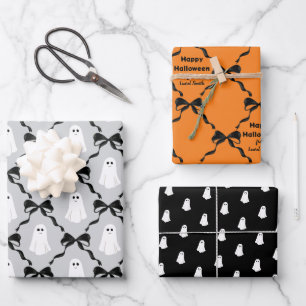 Cute Ghosts and Coquette Bows Halloween Wrapping Paper Sheet