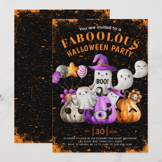 Cute Ghosts and pumpkins BOO Halloween party black Invitation (Front/Back)