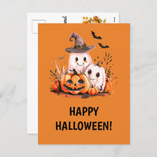 Cute Ghosts and Pumpkins - Happy Halloween Holiday Postcard