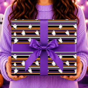 Cute Ghosts Black Orange Purple Stripes Wrapping Paper