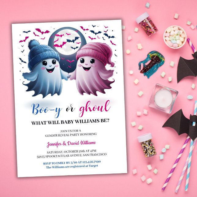 Cute Ghosts Boo-y or Ghoul Halloween Gender Reveal Invitation (Cute Ghosts Boo-y or Ghoul Halloween Gender Reveal Invitation)