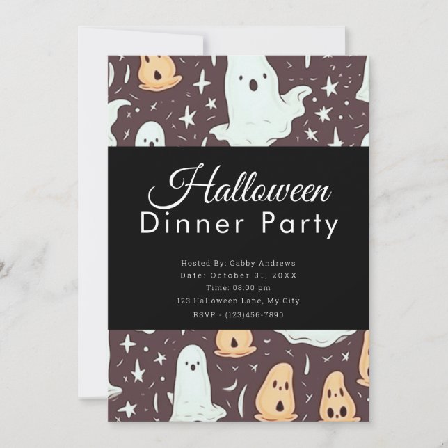 Cute Ghosts Brown Halloween Dinner Party Invitation (Front)