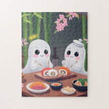 Cute ghosts eating sushi