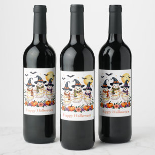 Cute Ghosts Flowers Pumpkins Bats Halloween  Wine Label