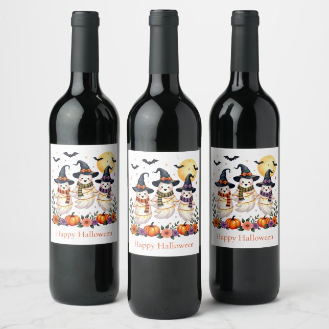 Cute Ghosts Flowers Pumpkins Bats Halloween  Wine Label (Bottles)