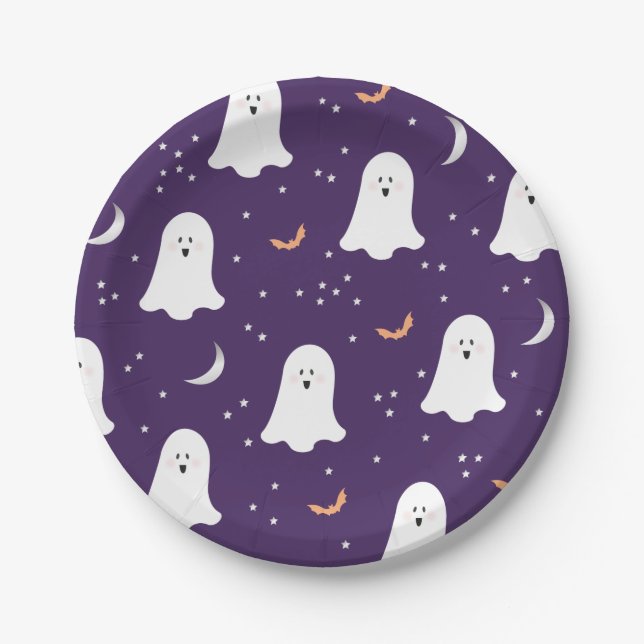 Cute Ghosts Halloween Dark Purple Paper Plate (Front)