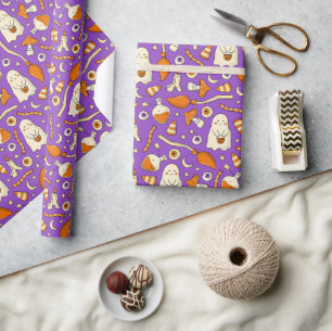 Cute ghosts Halloween Elegant purple Orang Wrapping Paper