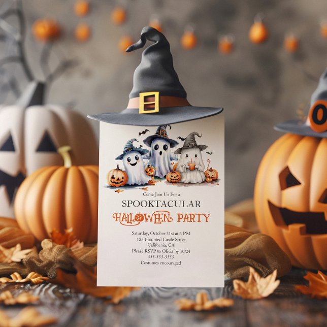 Cute Ghosts Kids' Halloween Party Invitation (Cute Ghosts Kids' Halloween Party Invitation on a rustic table with Halloween decoration)