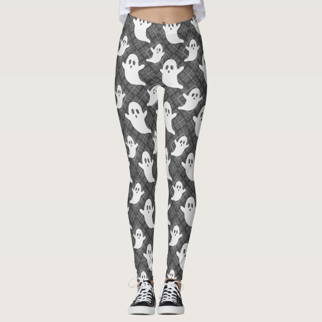 Cute Ghosts on Black Plaid Leggings (Front)