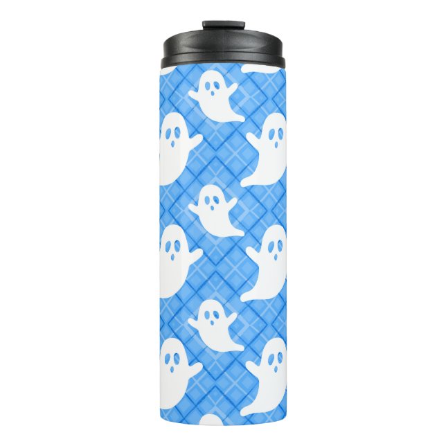 Cute Ghosts on Blue Plaid Thermal Tumbler (Front)