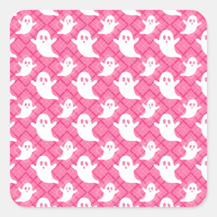 Cute Ghosts on Pink Plaid Square Sticker