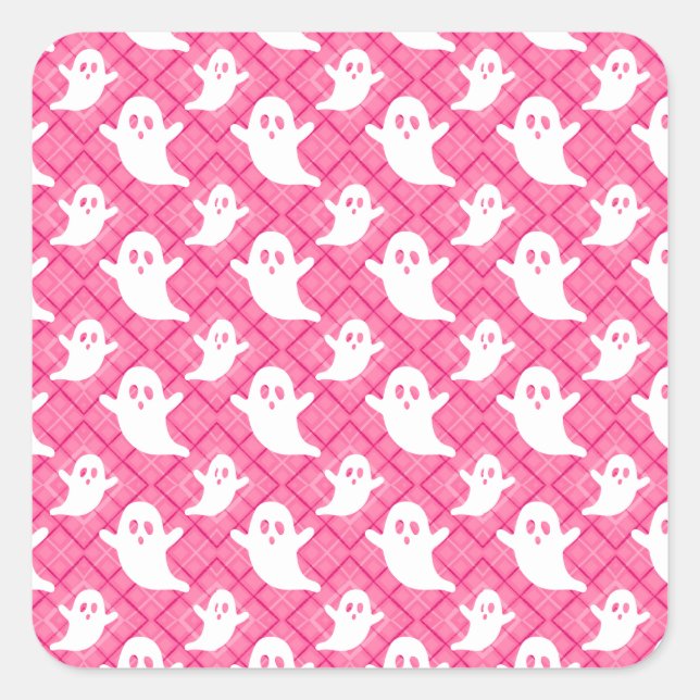 Cute Ghosts on Pink Plaid Square Sticker (Front)