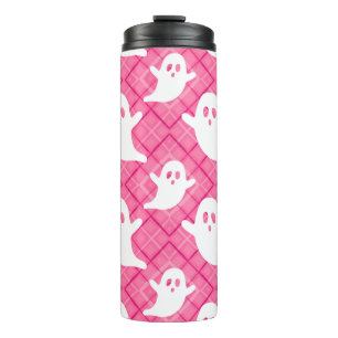 Cute Ghosts on Pink Plaid Thermal Tumbler