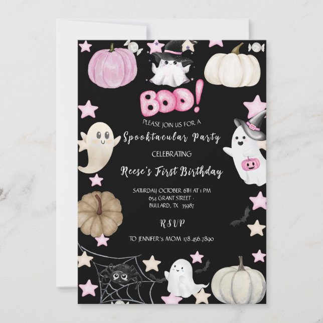 Cute Ghosts, Pink Pumpkins & Stars Birthday girls  Invitation (Front)