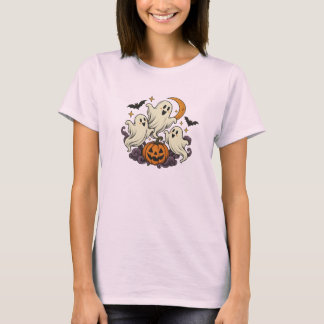 Cute Ghosts Pumpkin Halloween Womens Pink T-Shirt