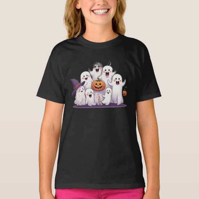Cute Ghosts & Pumpkin Kids Halloween T-Shirt  (Front)