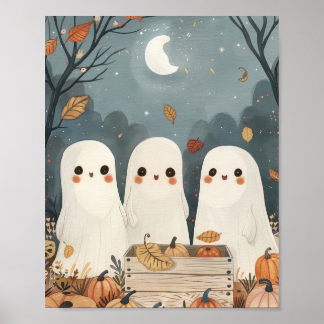 Cute Ghosts& Pumpkins Whimsical Halloween  Poster (Front)
