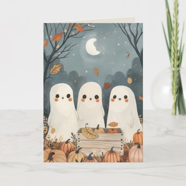 Cute Ghosts& Pumpkins Whimsical Happy Halloween  Card (Front)