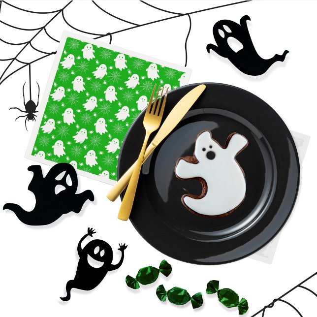 Cute Ghosts | Spiders | Spider Webs Halloween Napkin (Cute Ghosts, Spiders and Spider Webs Halloween Green  and White Patterned Napkins)