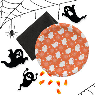 Cute Ghosts Spiders Spider Webs Halloween Paper Plate