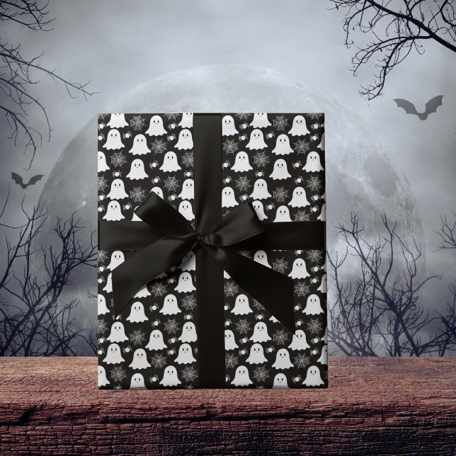 Cute Ghosts | Spiders | Spider Webs Halloween Wrapping Paper (Cute Ghosts, Spiders and Spider Webs Halloween Black and White Patterned Wrapping Paper)