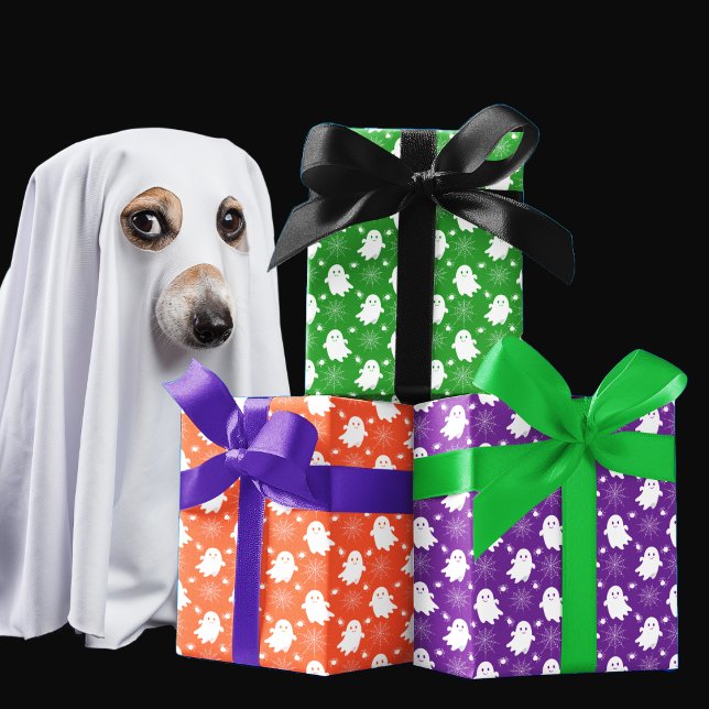 Cute Ghosts | Spiders | Spider Webs Halloween Wrapping Paper Sheet (Cute Ghosts, Spiders and Spider Webs Halloween Black and White Patterned Wrapping Paper)