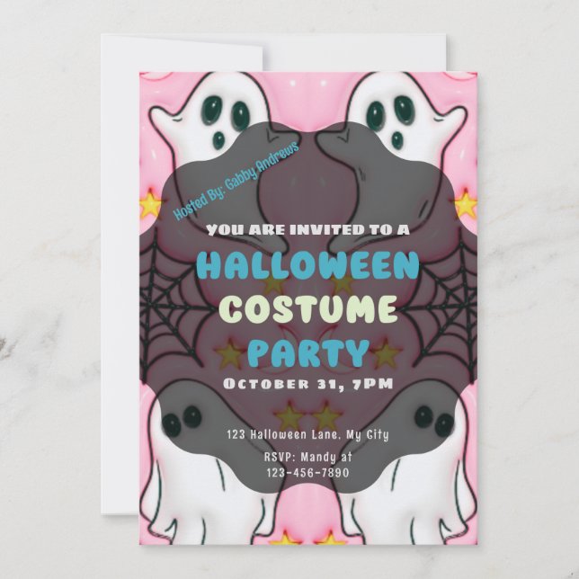 Cute Ghosts Spiderwebs Stars Pink Halloween Invitation (Front)