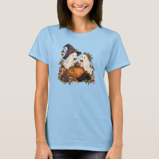 Cute Ghosts Tea Party Halloween Womens Blue Tee