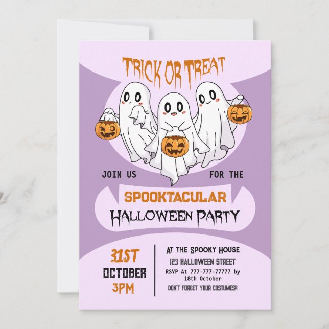 Cute Ghosts Trick or Treat Kids Halloween Party Invitation (Front)
