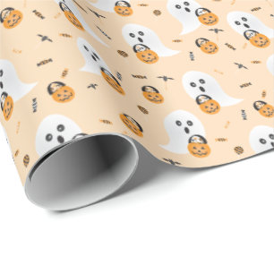 Cute Ghosts Trick Or Treating Candy Pattern Orange Wrapping Paper