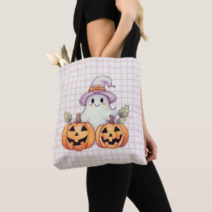 Cute Ghosts Witch's Hats Gold Glitter Halloween Tote Bag