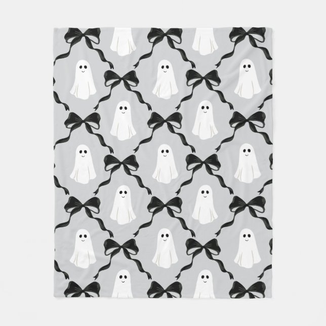 Cute Ghosts with Coquette Black Bows Halloween Fleece Blanket (Front)