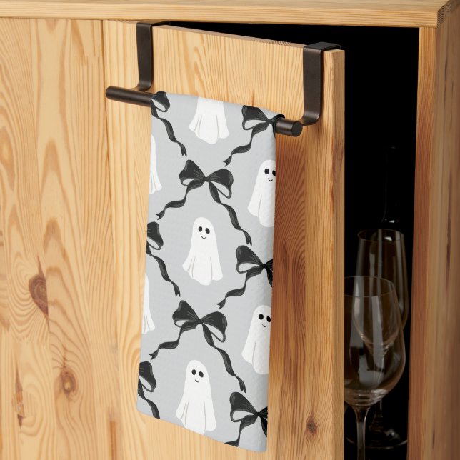 Cute Ghosts with Coquette Black Bows Halloween Tea Towel (Thirds Fold)