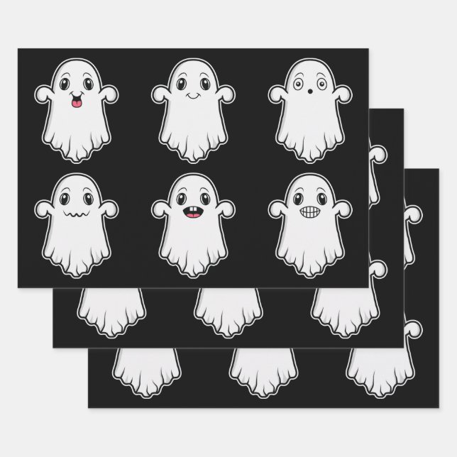 Cute Ghosts With Different Expressions Halloween Wrapping Paper Sheet (Set)