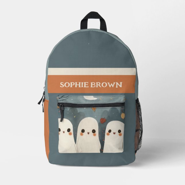 Cute Ghosts with Name Whimsical Halloween Printed Backpack (Front)
