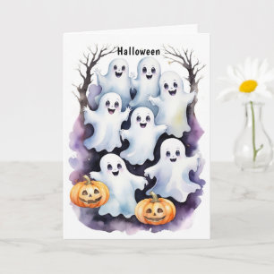 Cute Ghosts with Pumpkins Halloween Illustration Card