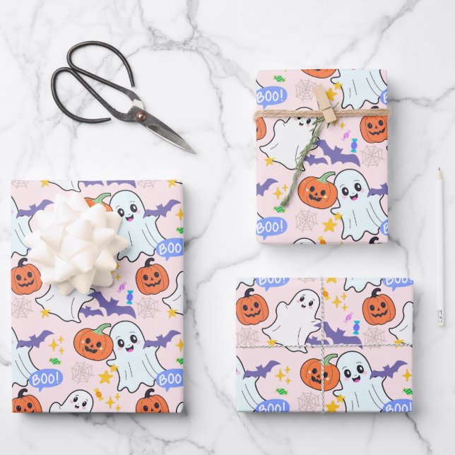 Cute Ghosts with Pumpkins Halloween Wrapping Paper Sheet (Front)