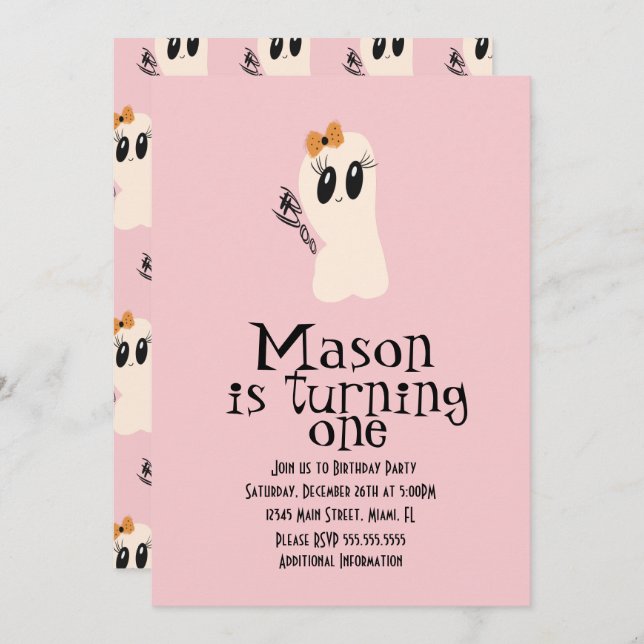 Cute Ghoul Doodle Halloween Any Age Birthday Pink  Invitation (Front/Back)